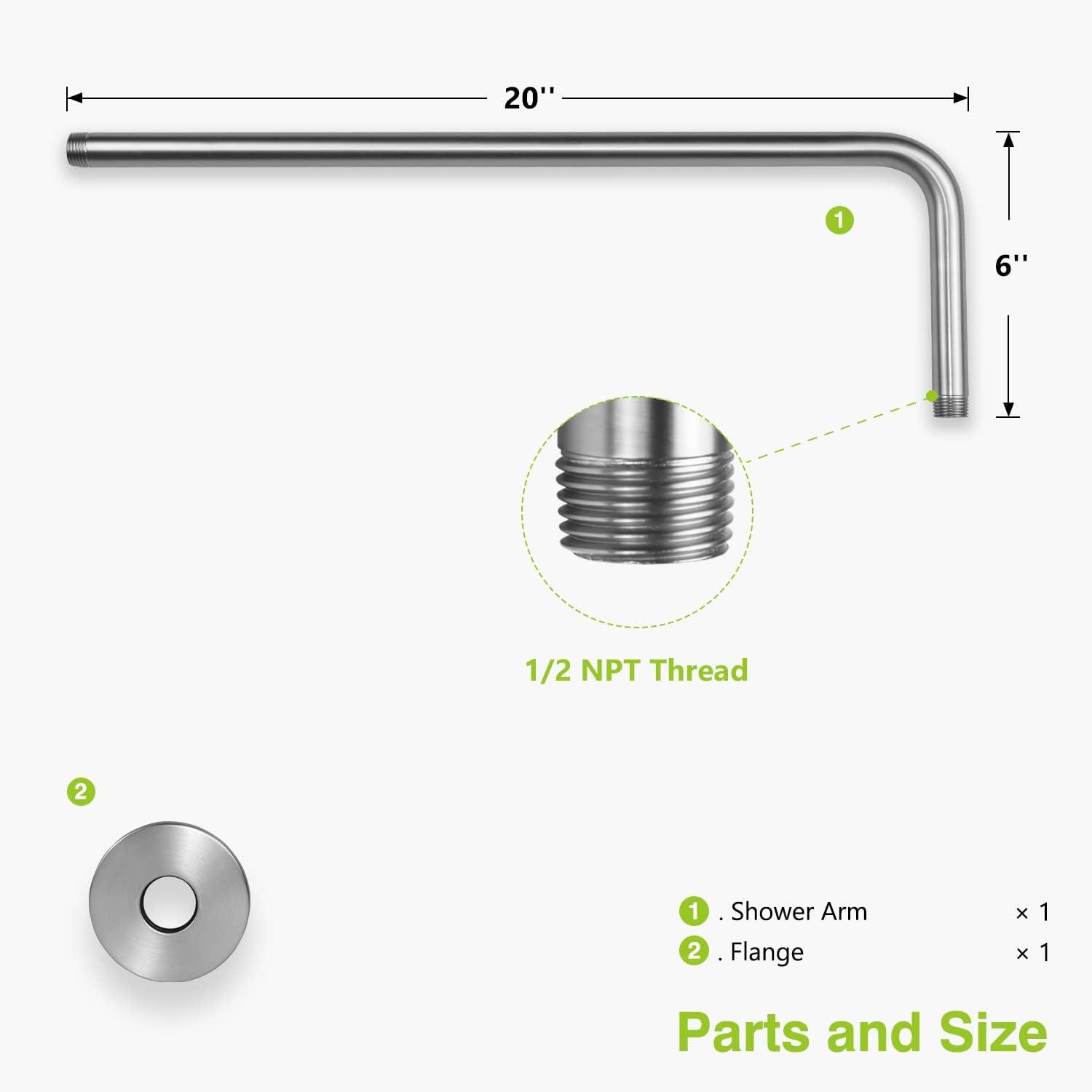 Naiture L Shaped, Corner Shower Head Extension Arm with Flange, 20 inch Length, Straight Lower Rain Fall Shower Head, Long Extender Pipe, Brass, Oil Rubbed Bronze Finish