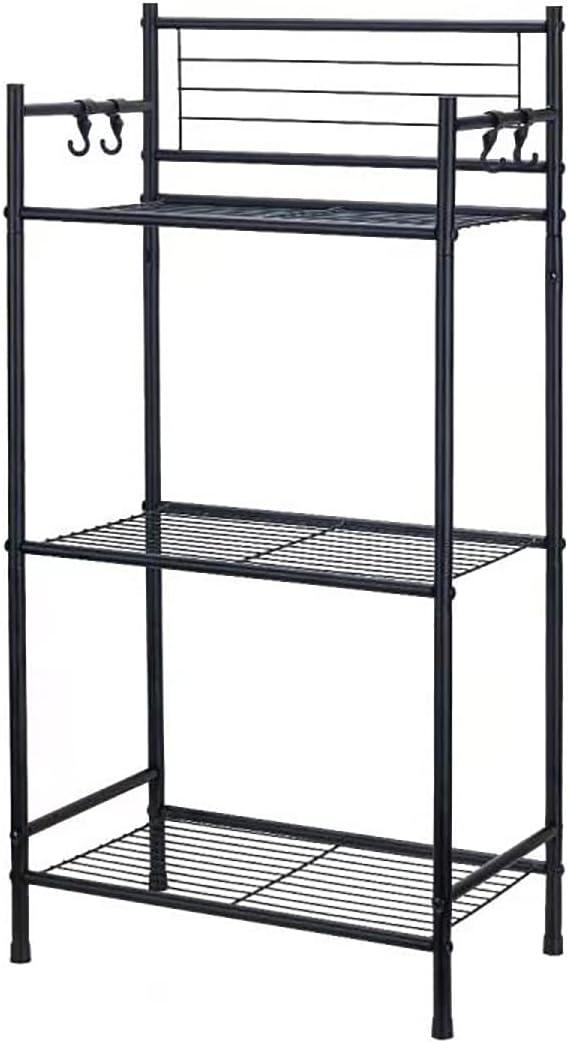 Black 3-Tier Metal Wire Shelving Unit with Hooks