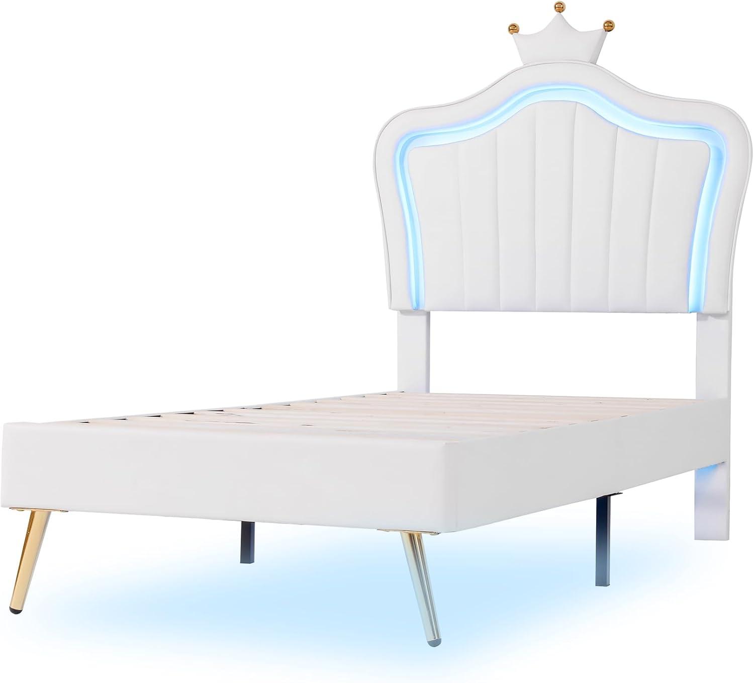 Upholstered Princess Platform Bed, Twin Size With Adjustable Crown Shaped Headboard and LED Lights, Kids Bedroom Furniture (White)