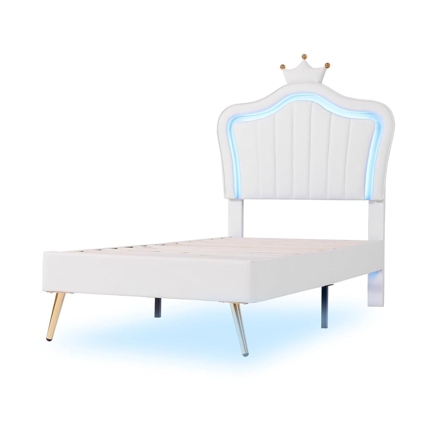 Upholstered Princess Platform Bed, Twin Size With Adjustable Crown Shaped Headboard and LED Lights, Kids Bedroom Furniture (White)