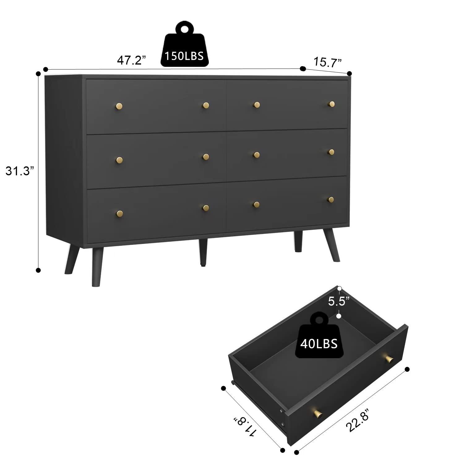 Black Dresser for Bedroom, 6 Drawer Dresser with Golden Handles, Large Storage Cabinet, Modern Chest of Drawers Organizer Storage for Hallyway, Entryway