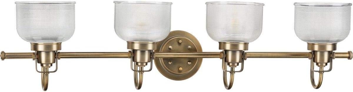 Archie Collection Four-Light Vintage Brass Clear Double Prismatic Glass Coastal Bath Vanity Light