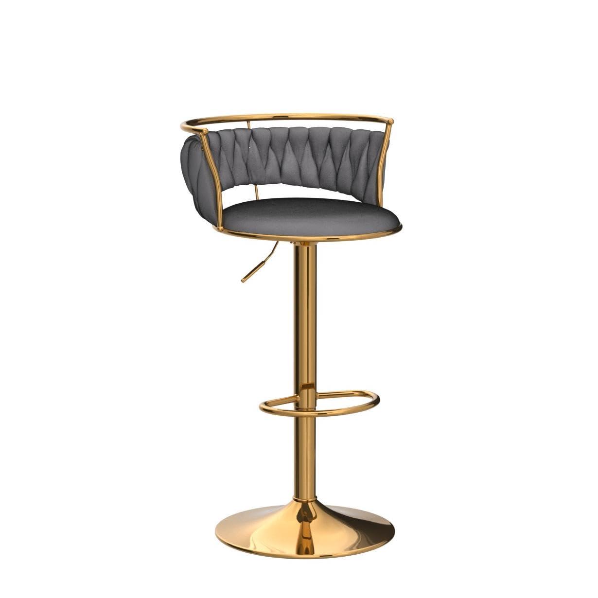 Velvet Bar Stools Set of 2, Counter Height Bar Stools with Low Back, Gold Swivel Barstools for Kitchen Island, Bar Pub (Grey)