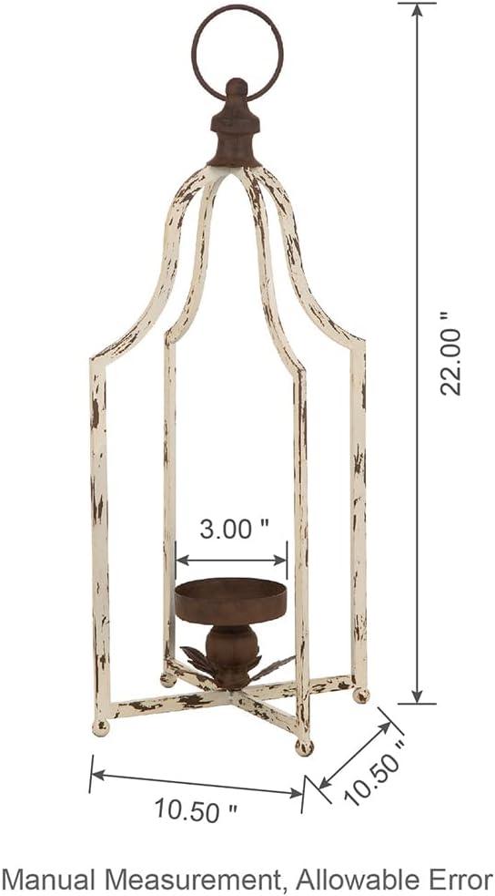 White Geometric Iron Tabletop Candle Lantern with Antique Finish