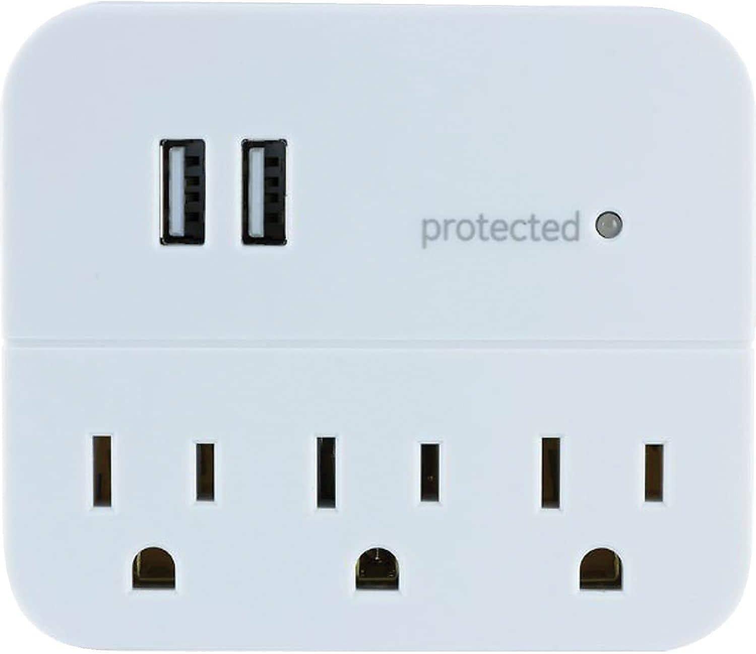 GE 3-Outlet Surge Protector Tap with USB Charging, White - 14512