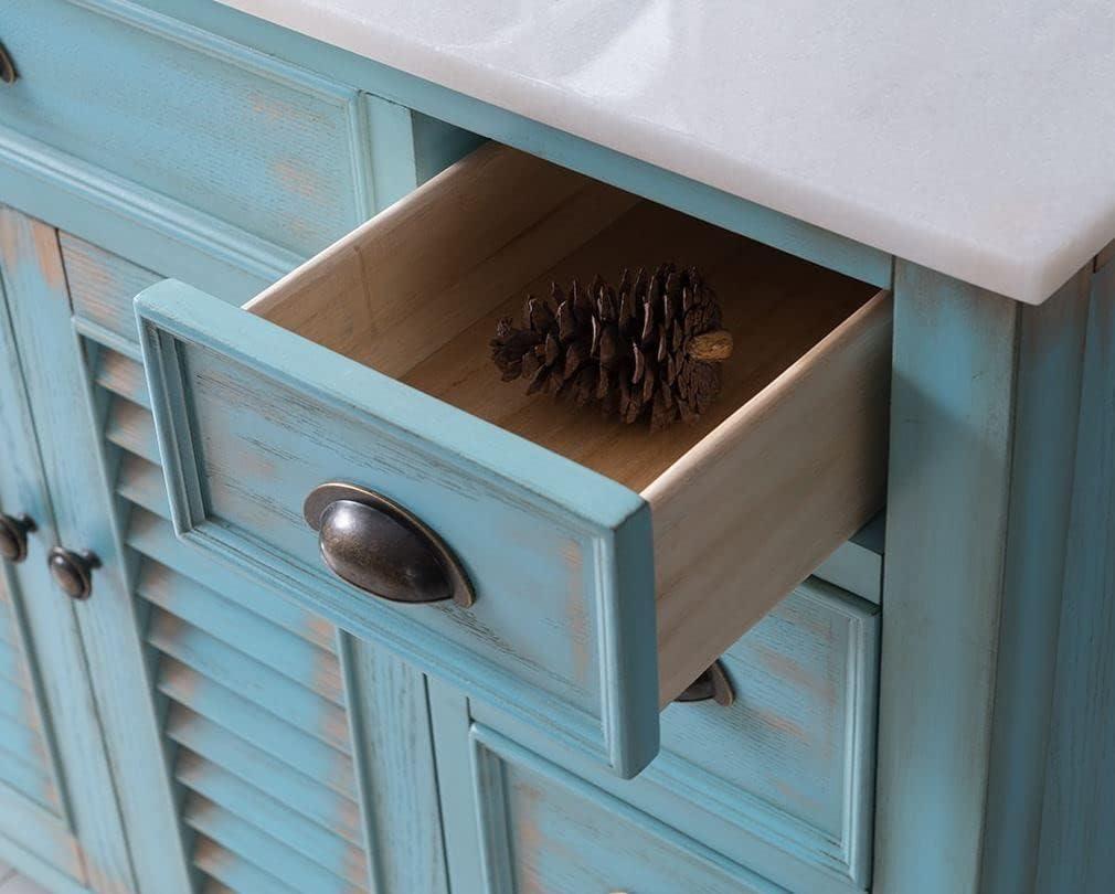 46 Inch Abbeville Distressed Blue Finish Cottage Plantation Style Bathroom Vanity with White Marble Stone Top, 4 Functional Drawers, Undermount Sink, Hardware Included