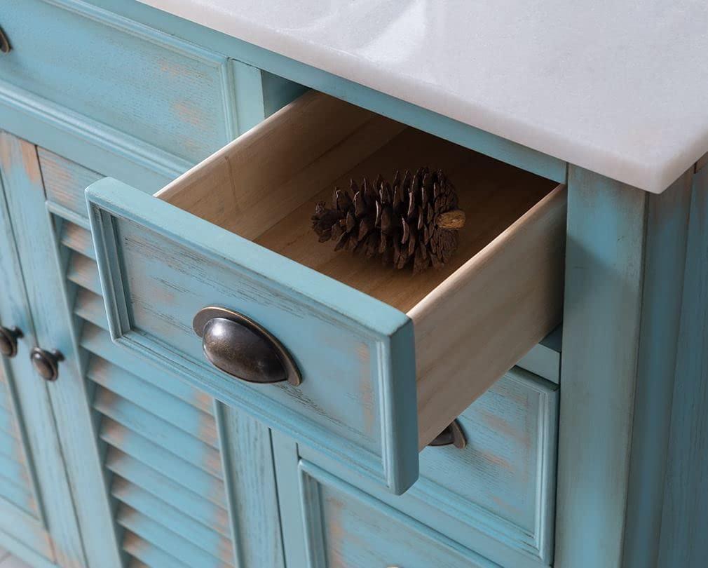 46 Inch Abbeville Distressed Blue Finish Cottage Plantation Style Bathroom Vanity with White Marble Stone Top, 4 Functional Drawers, Undermount Sink, Hardware Included