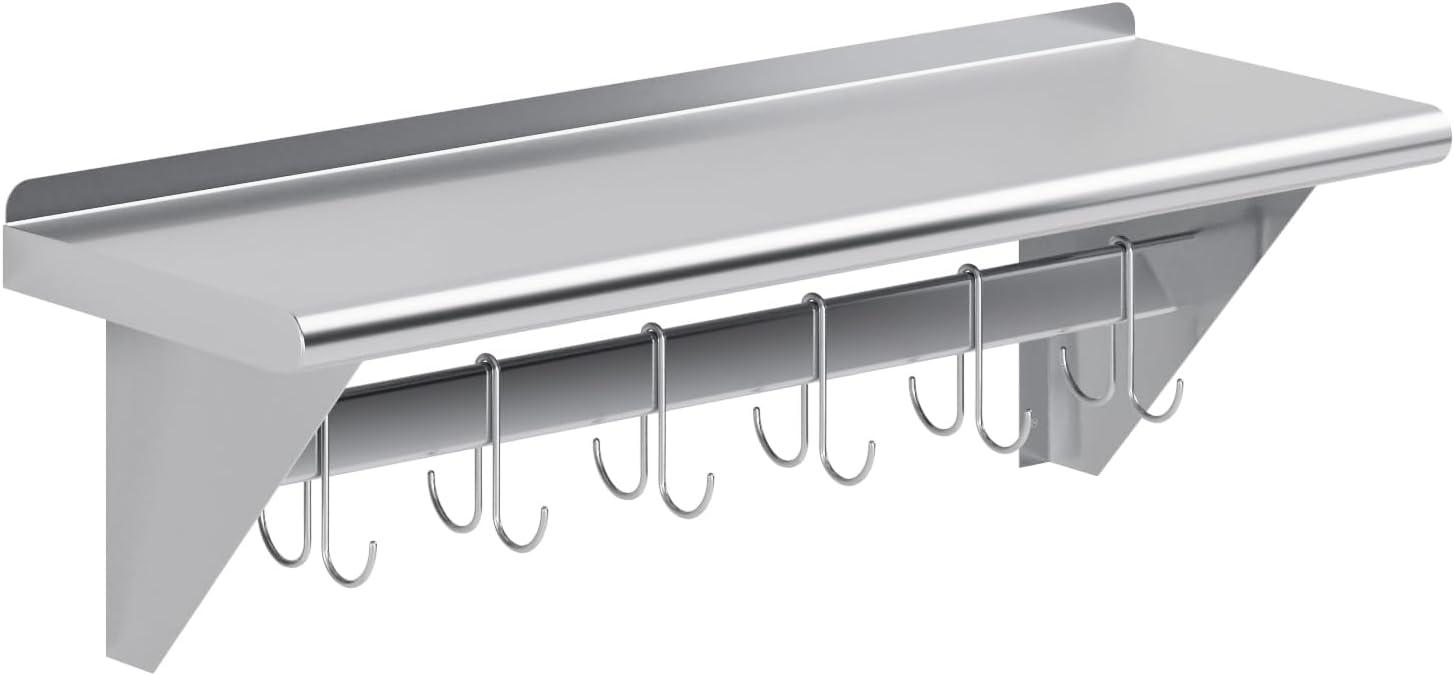 12" x 36" Stainless Steel Wall Mounted Pot Rack with Shelf and 6 Galvanized Hooks | NSF Certified