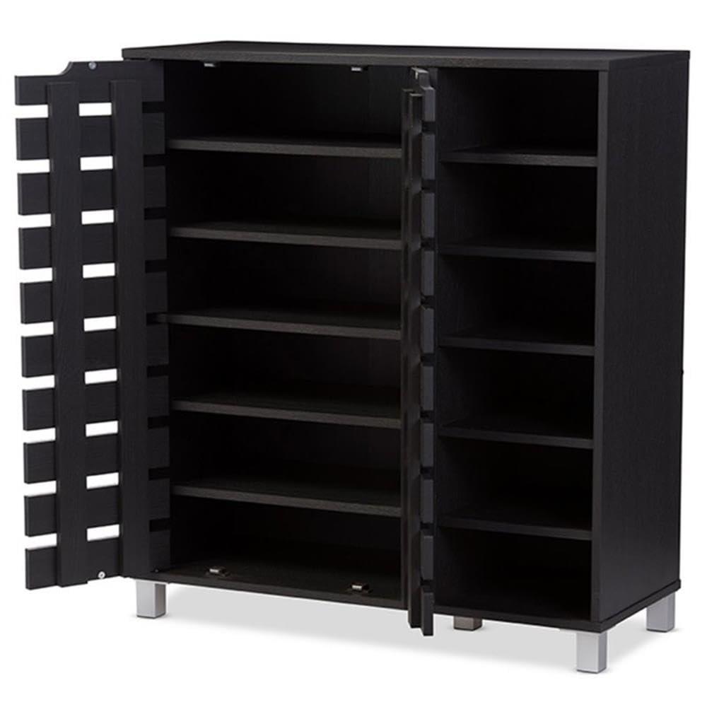 Shirley Modern and Contemporary Wood 2-Door Shoe Cabinet with Open Shelves - Dark Brown - Baxton Studio: Espresso Finish, Metal Frame, 10 Compartments