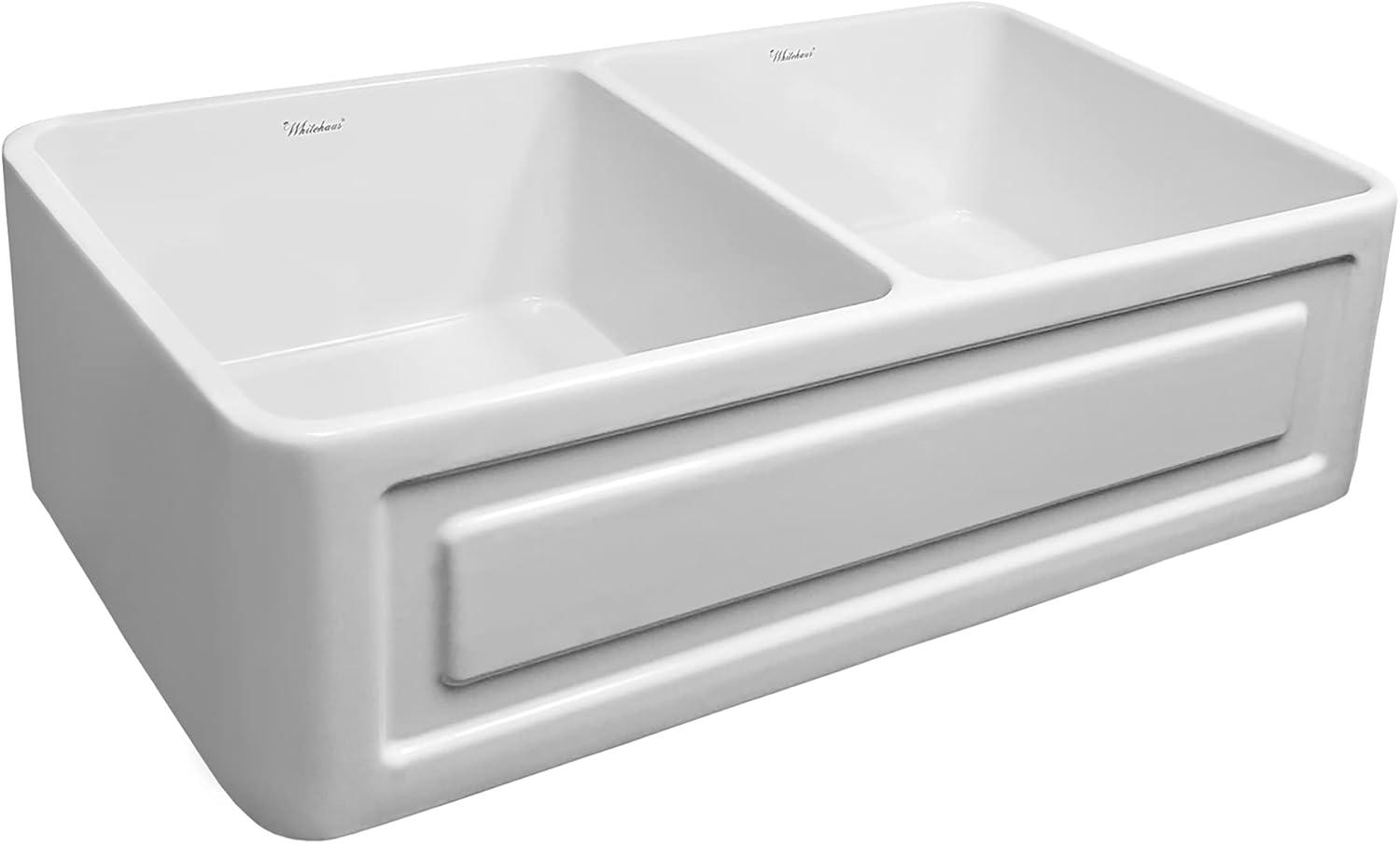 Whitehaus Collection 33" Reversible Double Bowl Fireclay Kitchen Sink: Panel & Fluted Front Apron