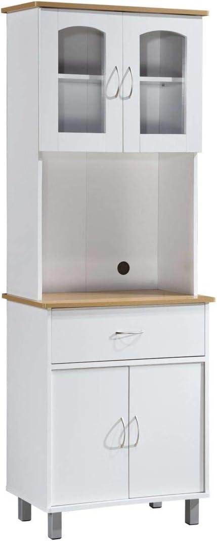 HODEDAH IMPORT Long Standing Kitchen Cabinet with Top & Bottom Enclosed Cabinet Space, One Drawer, Large Open Space for Microwave, White