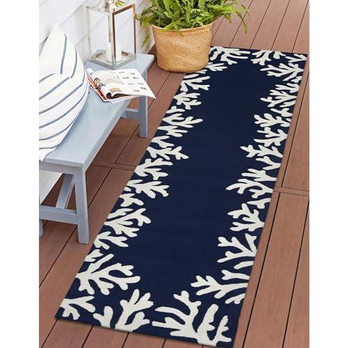 Capri Navy Blue and White Coral Motif Hand-Tufted Area Rug