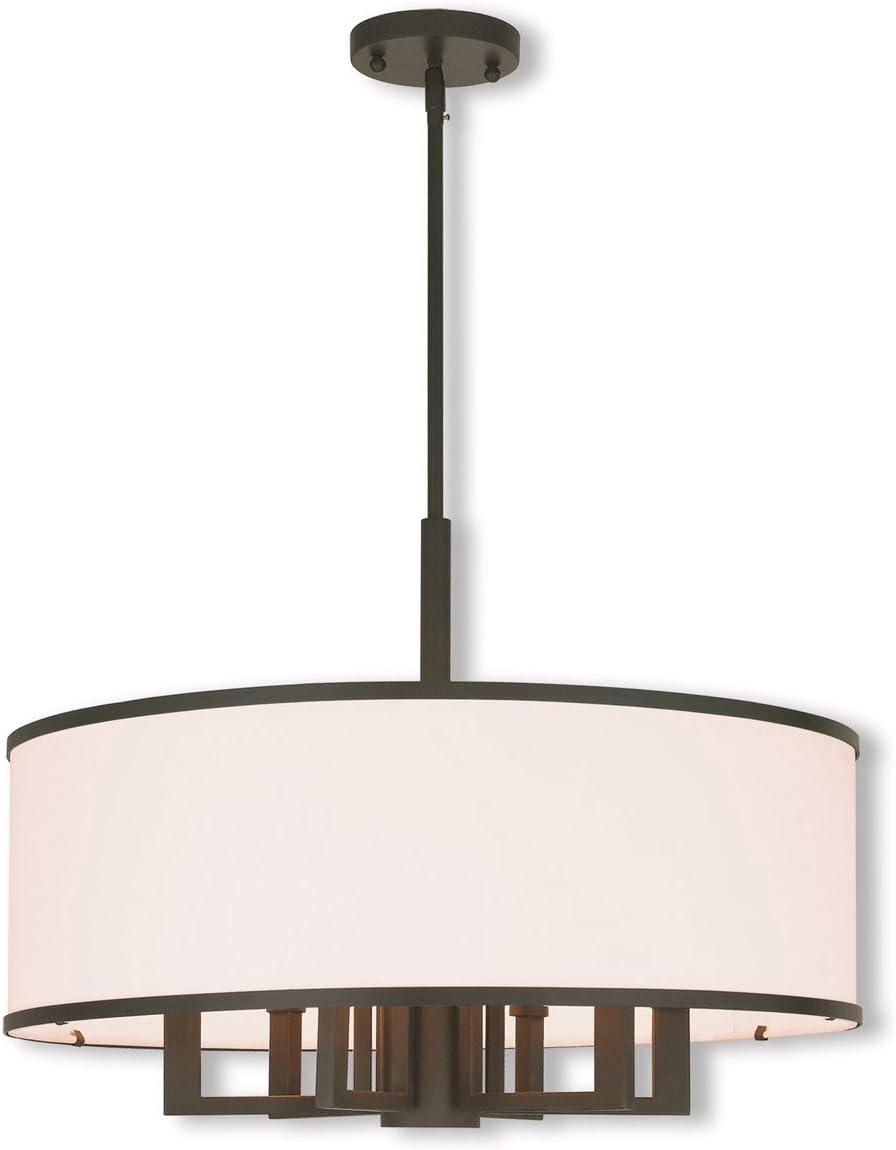 Elegant Off-White Fabric and Bronze Finish Drum Pendant Chandelier