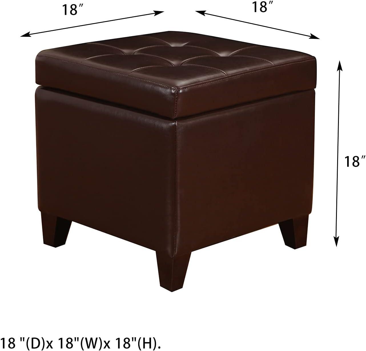 Adeco Brown Bonded Leather Square Tufted Storage Ottoman Footstool 18"