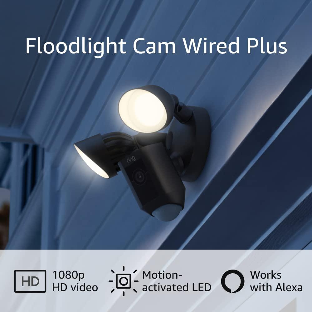 Ring Floodlight Cam Wired Plus Security Camera - Black: Wi-Fi, Motion Detection