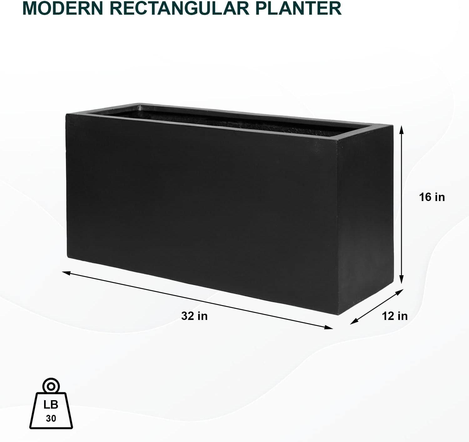 Pottery Pots USA Inc. Pottery Pots Jort S Fiberstone Indoor Outdoor Modern Glossy White Rectangle Planter, 16 Inch Tall Black 32"