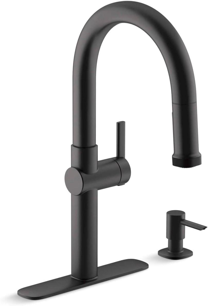 Matte Black Single Handle Pull-Down Kitchen Faucet with Soap Dispenser