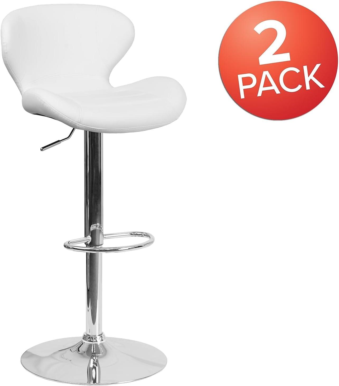 Flash Furniture Contemporary White Vinyl Adjustable Height Barstool with Curved Back and Chrome Base