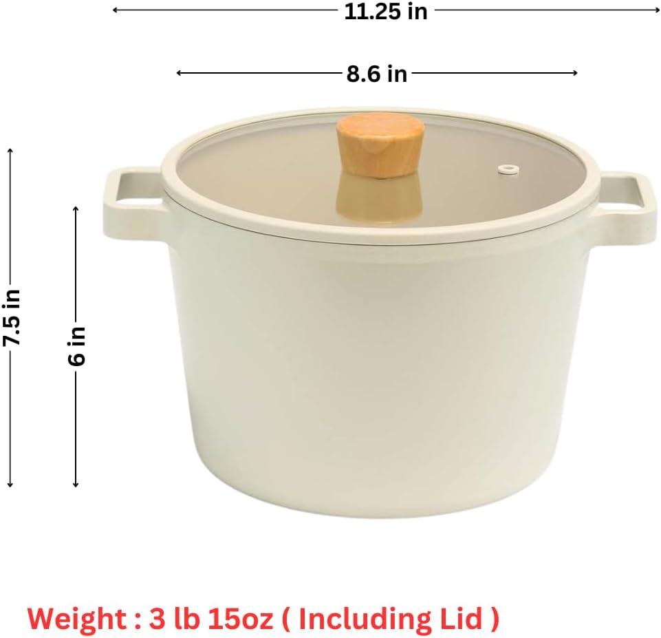 Neoflam Fika 4.9qt Deep Stock Pot with Glass Lid and Wood Knob, Made in Korea (22cm)