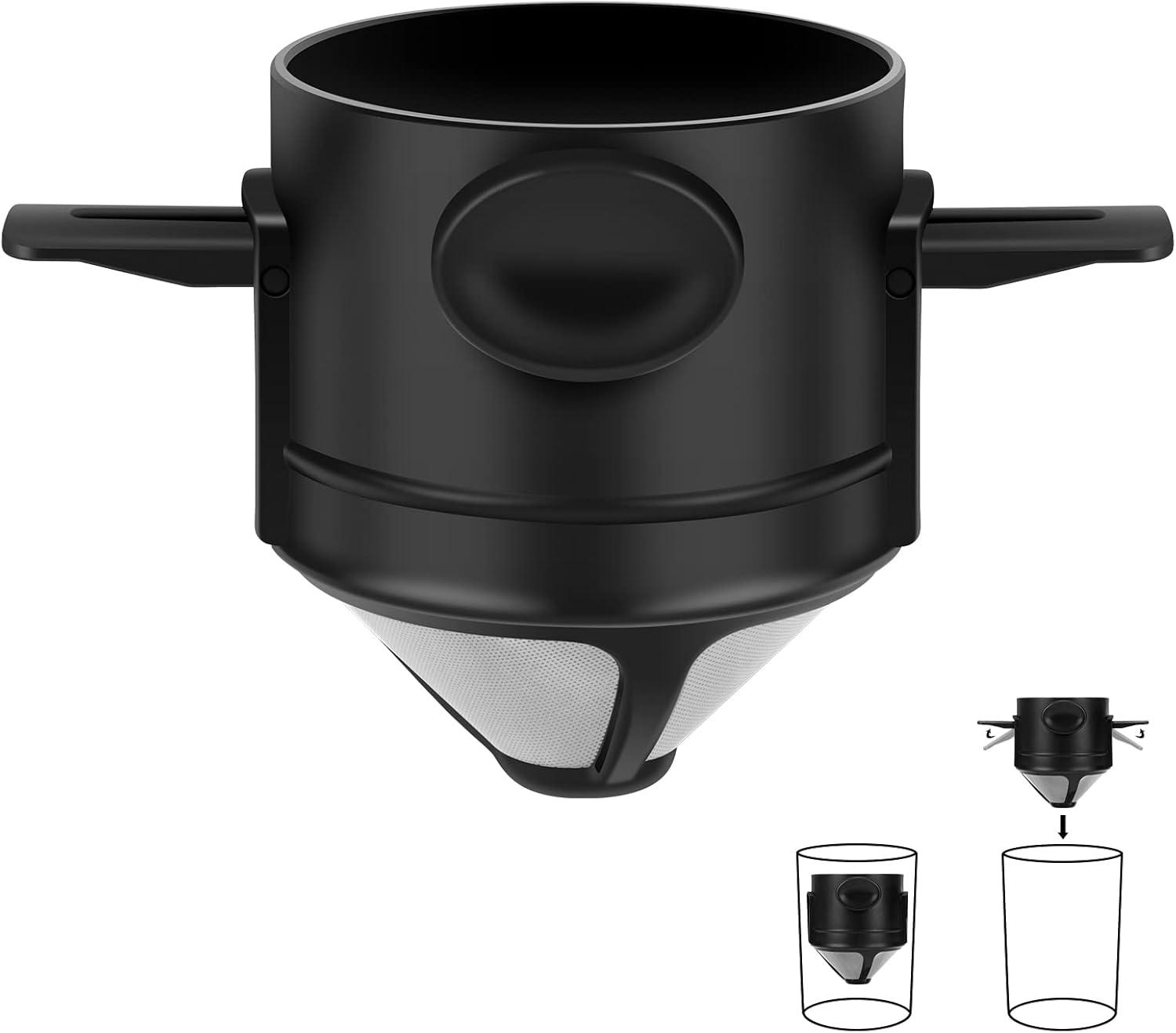 OUHGE Pour Over Coffee Maker Portable Stainless Reusable Coffee Filter Mini Paperless Single 1 Cup Coffee Cup For Travel Camping, Black