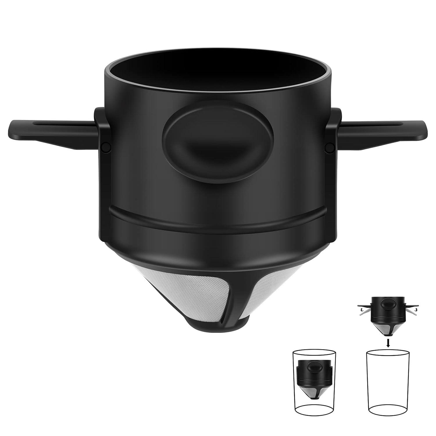 OUHGE Pour Over Coffee Maker Portable Stainless Reusable Coffee Filter Mini Paperless Single 1 Cup Coffee Cup For Travel Camping, Black