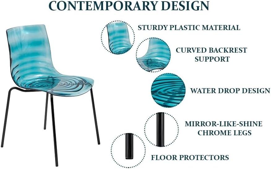 LeisureMod Astor Acrylic Dining Chair with Water Ripple Design and Metal Legs in Transparent Blue
