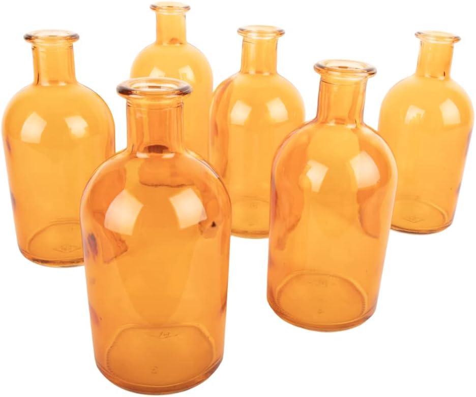 Koyal Wholesale Glass Bud Vases, Small Apothecary Bottles, Bulk Decorative Jars, Vintage Centerpieces, Amber, Set of 6
