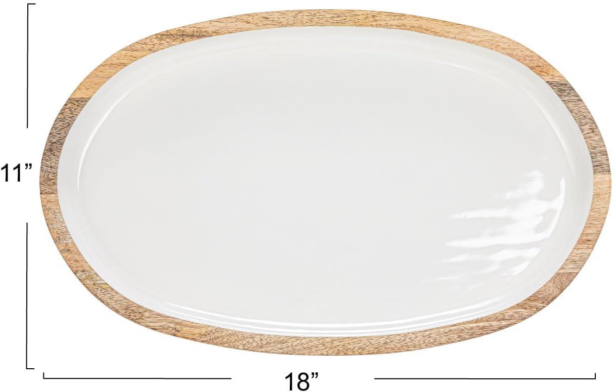 Creative Co-Op Oval Enameled Mango Wood Tray, White and Natural