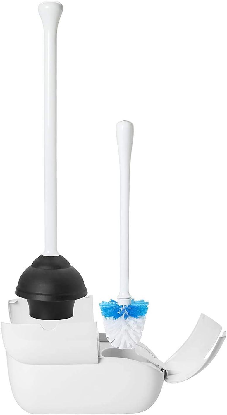 White Plastic Toilet Brush and Plunger Set with Holder