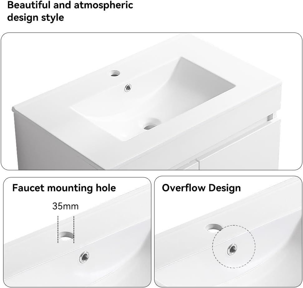 Rugerasy 36 Inch Bathroom Vanity With Top Sink, Wall Mounted Floating Vanity Bathroom White Ceramic Basin, 2 Soft Close locker WoodenDoors, Excluding Faucets