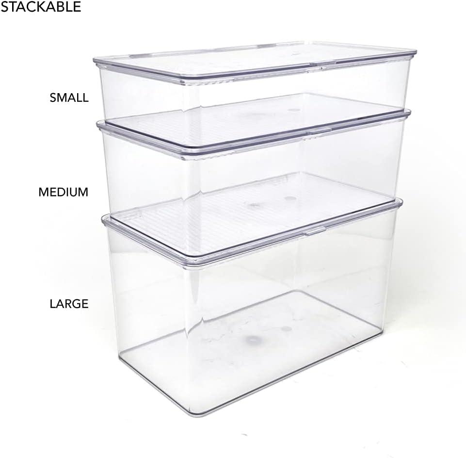 Isaac Jacobs Medium Stackable Organizer Bin (10.75” x 6.5” x 3.7”) w/Hinged Lid, Clear Storage Box, Home, Office, School, Fridge, Bathroom, Kitchen, Pantry, BPA-Free, Food Safe (Medium, Clear)