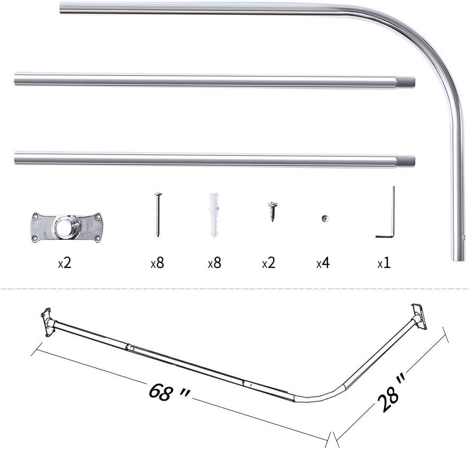 PrettyHome L Shapaed Bathroom Bathtub Corner Shower Curtain Rod Large Space 28"x68",Chrome Finished