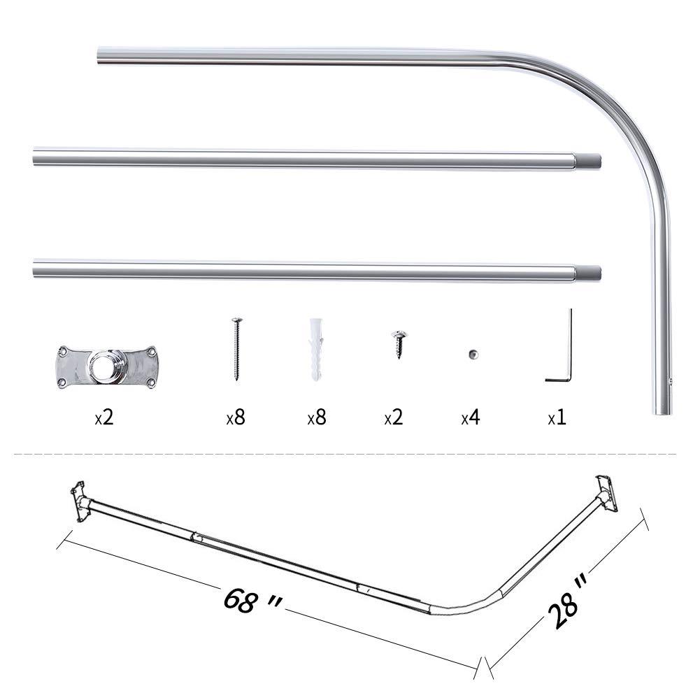 PrettyHome L Shapaed Bathroom Bathtub Corner Shower Curtain Rod Large Space 28"x68",Chrome Finished