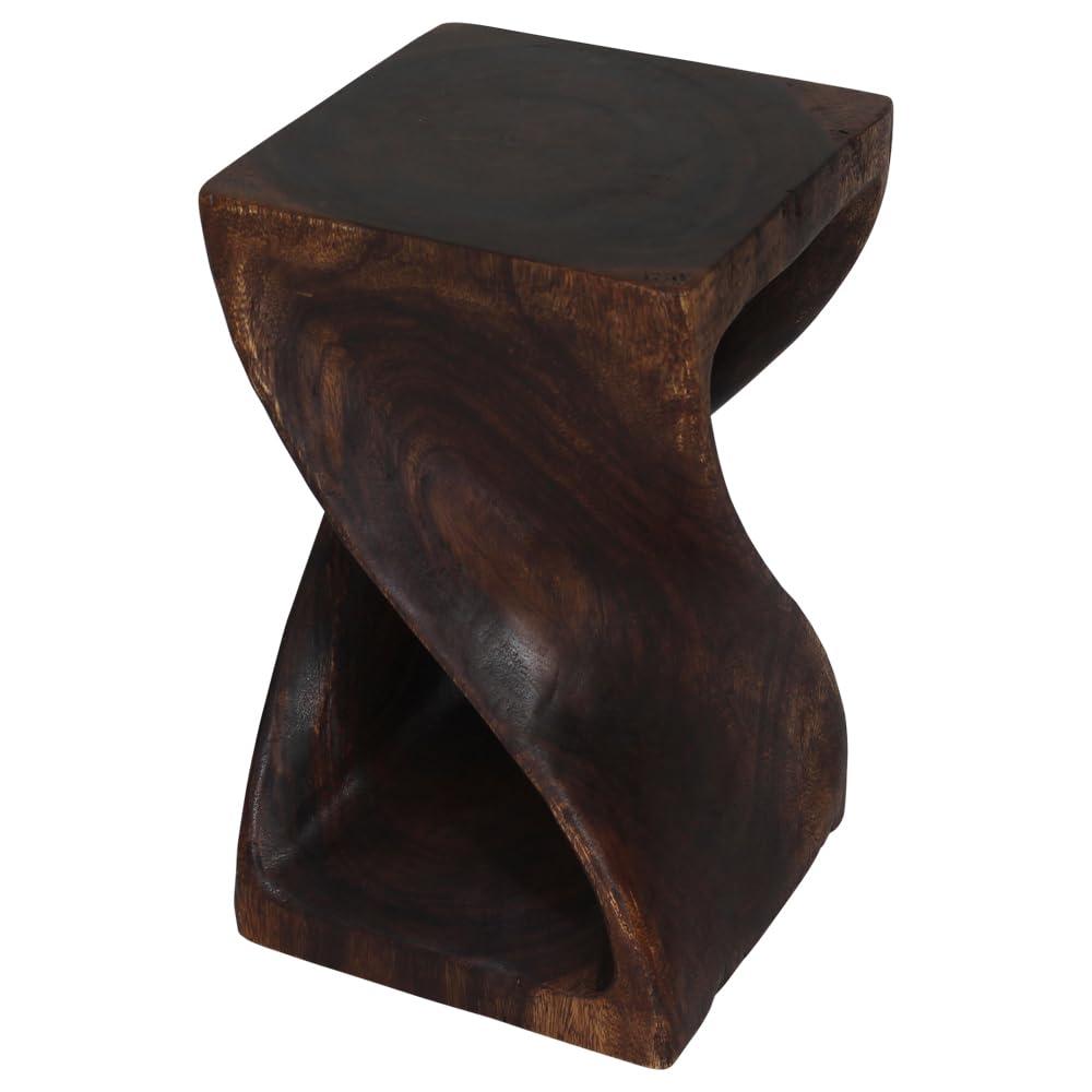 Hand-Carved Dark Walnut Twist Stool 12" x 12" x 20"