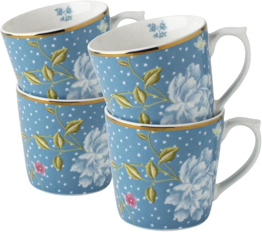 Blue Floral Ceramic 10 oz Mug Set of Four