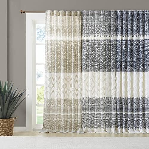 84"x50" Mila Cotton Printed Room Darkening Window Curtain Panel with Chenille detail and Lining