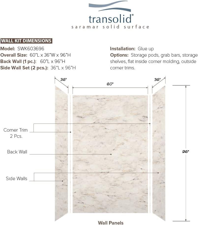 Transolid Swk603696 Saramar 60" W X 36" D X 96" H Three Panel Shower Wall Kit - Biscotti