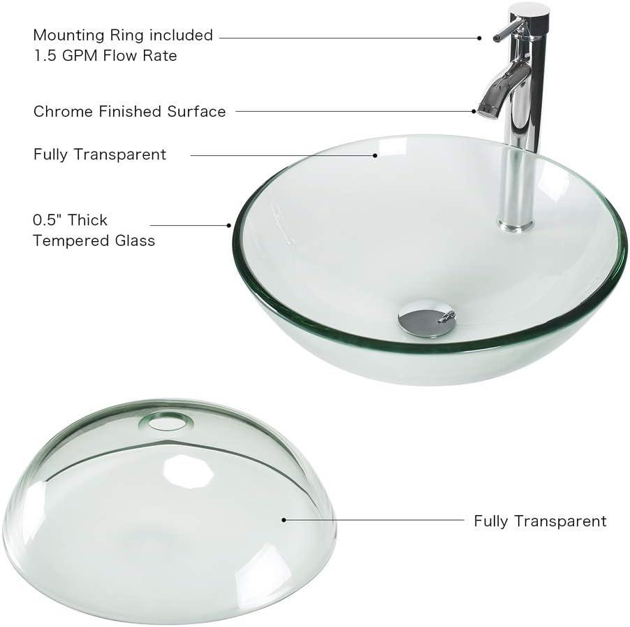 Eclife 16.5" Bathroom Vessel Sink Tempered Glass Round Basin Countertop Bowl Sink with Faucet Pop up Drain Clear