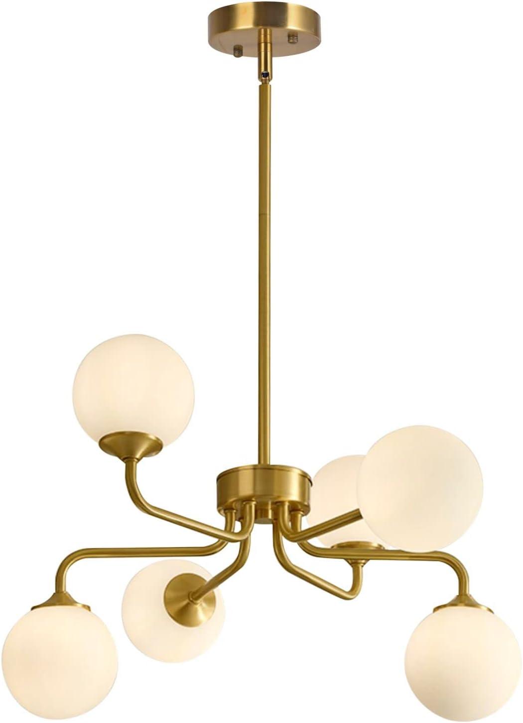 Gold Brass 6-Light Sputnik Chandelier with Milk Glass Shades