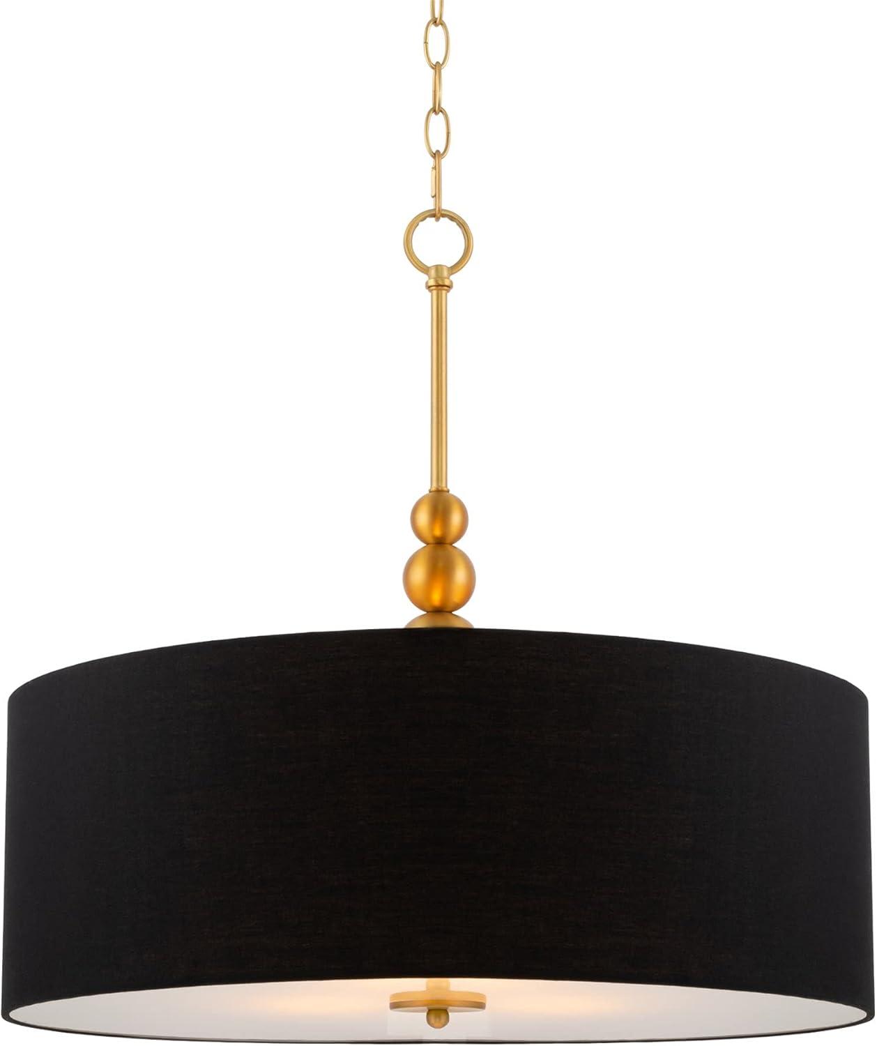 Kira Home Adelade 22" 3-Light Drum Pendant Chandelier, Black Fabric Shade, Glass Diffuser, Adjustable Height, Warm Brass