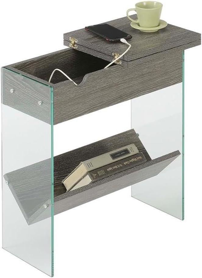 Weathered Gray Flip Top End Table with Charging Station and Glass Panels