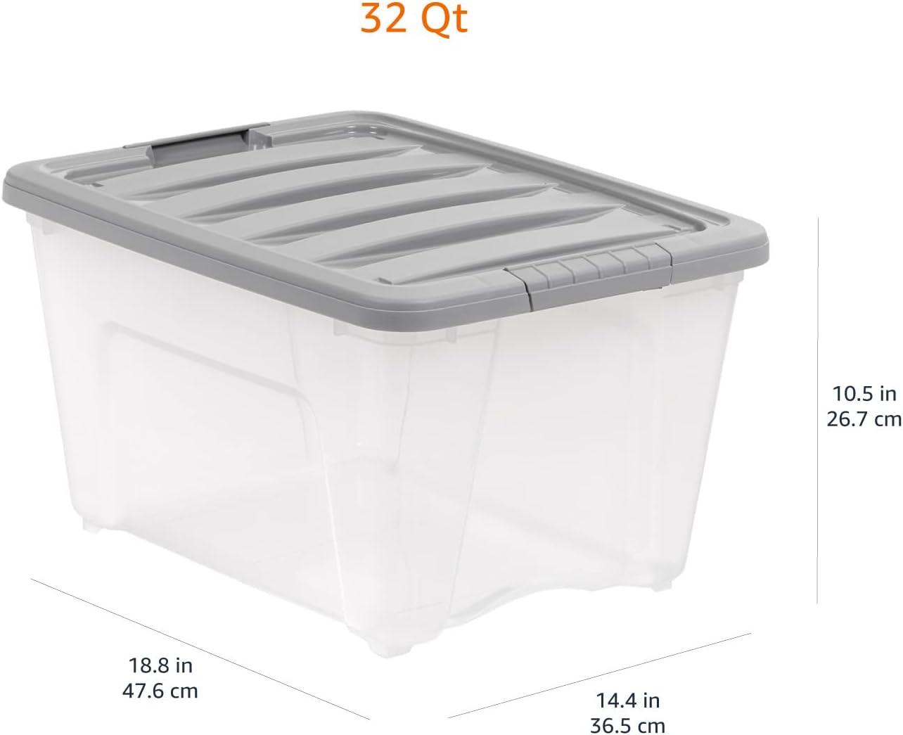 32 Quart Stackable Plastic Storage Bin with Latching Lid- Clear/ Grey- Pack of 6