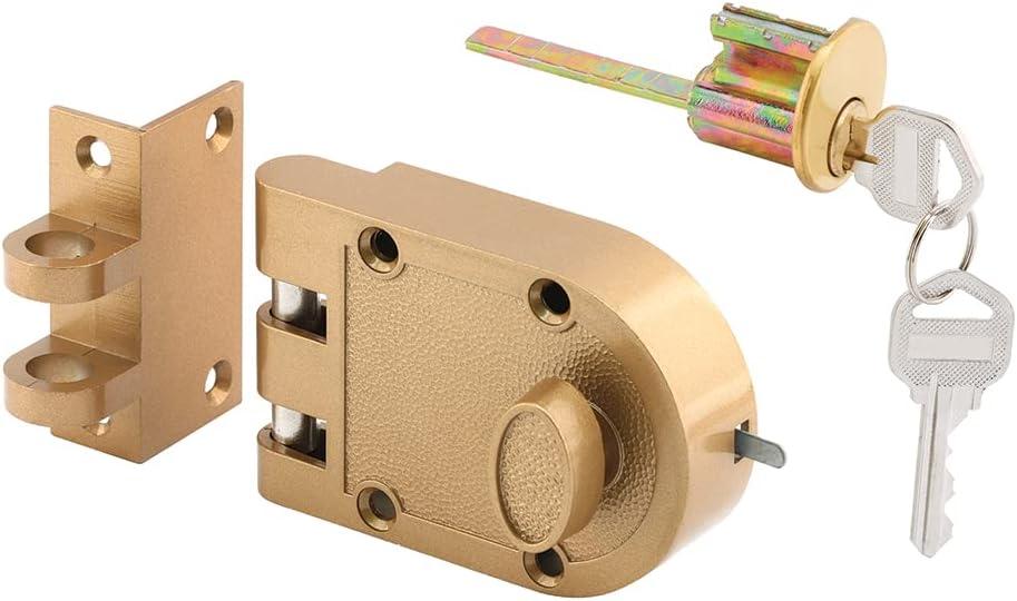 Prime-Line Deadlock  Jimmy-Resistant Design Prohibits Forced Entry by Spreading of Door Frames  Single Cylinder Diecast Metal Lock With a Brass Finish and Angle Strike (Single Pack)
