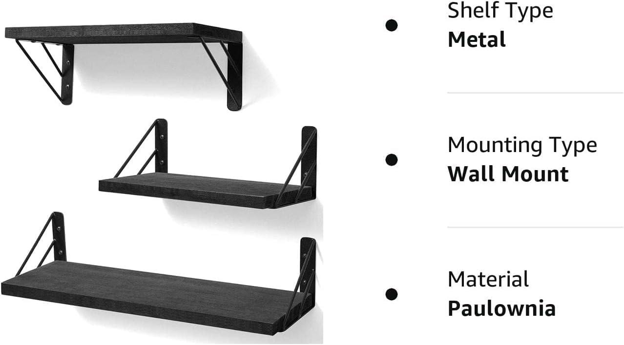 BAYKA Wall Mounted Floating Shelves, Wood Floating Wall Shelf for Books & Decor, Small Space-Saving Display & Organizer（Black，Set of 3）