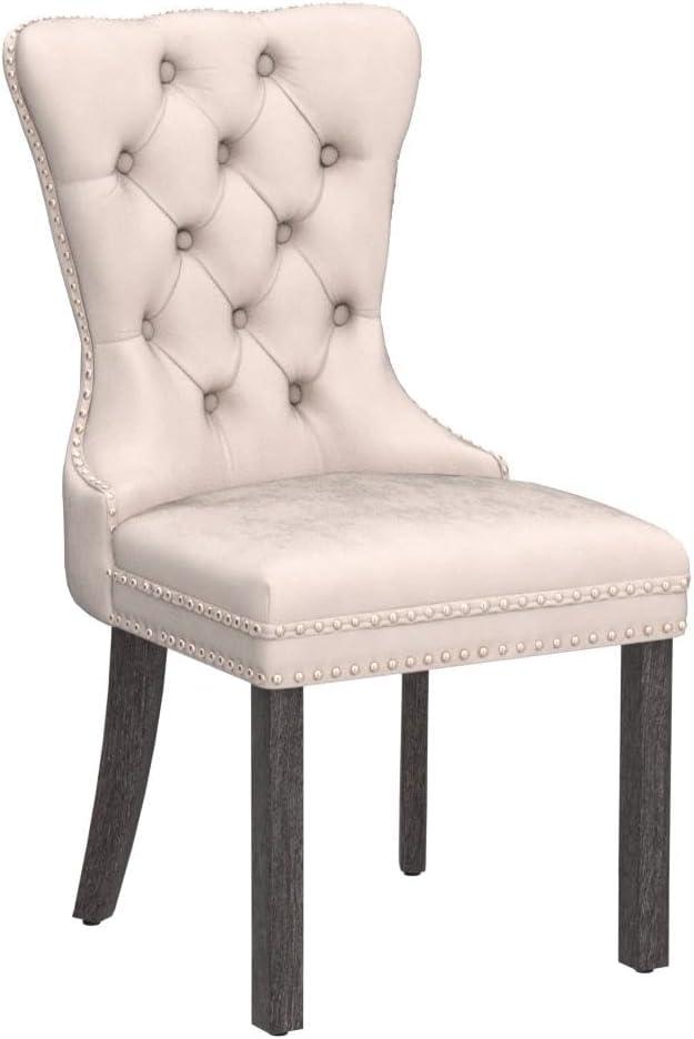 Velvet Dining Chairs Set of 4, Nikki Collection Dining Room Chairs with Wood Legs and Pull Ring, Luxury Side Chair with Nailhead Trim and Button Tufted Back, Beige