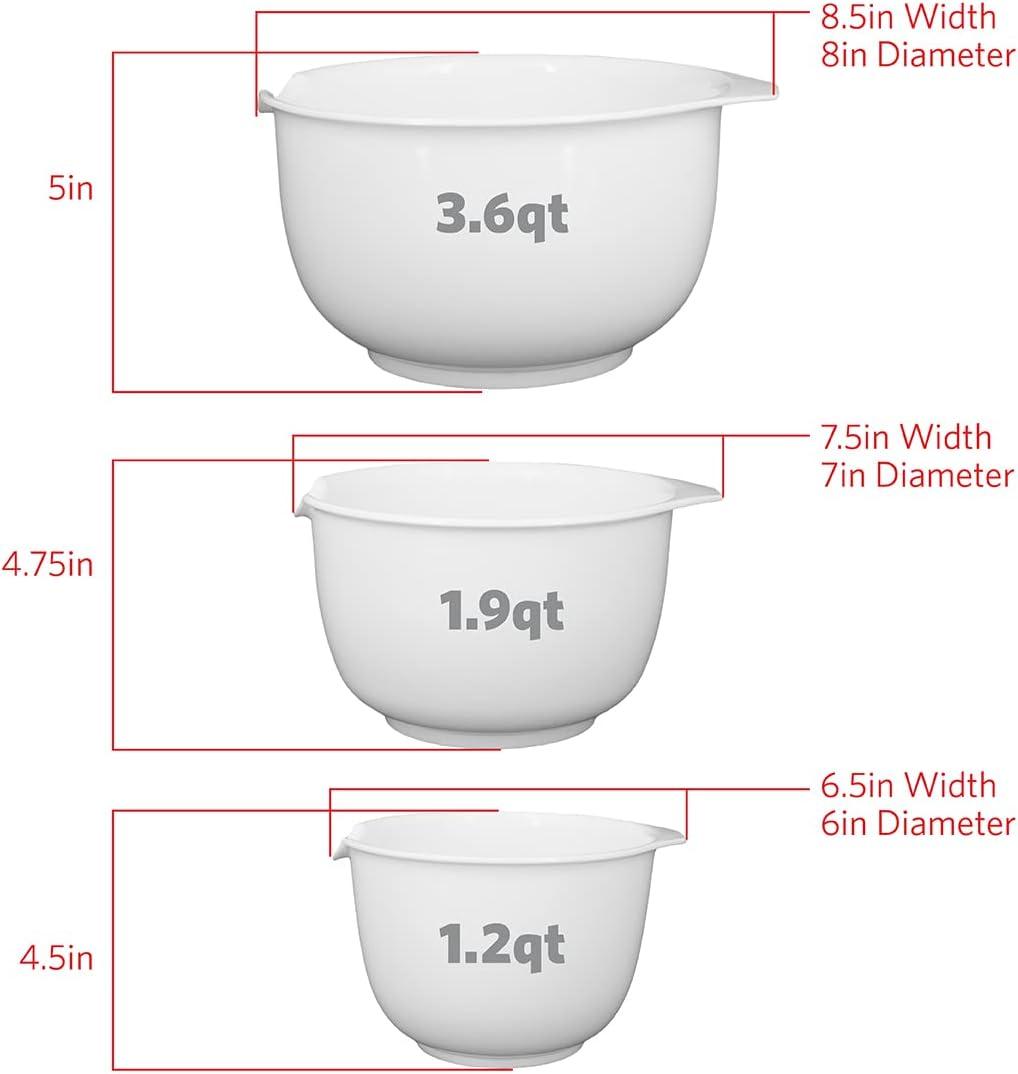 GLAD Mixing Bowls with Pour Spout, Set of 3 | Nesting Design Saves Space | Non-Slip, BPA Free, Dishwasher Safe Plastic | Kitchen Cooking and Baking Supplies, White