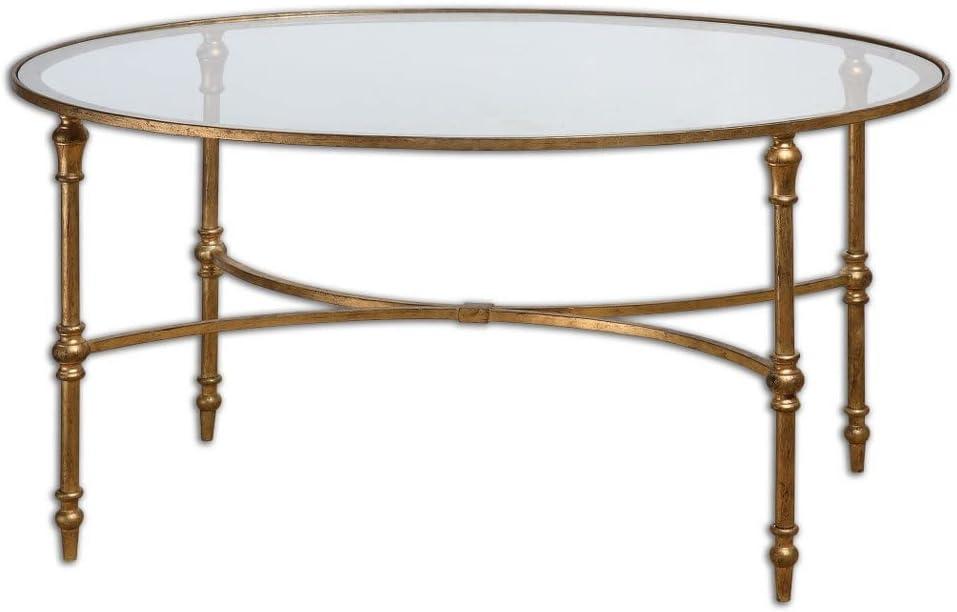 Gold Oval Metal and Glass Coffee Table