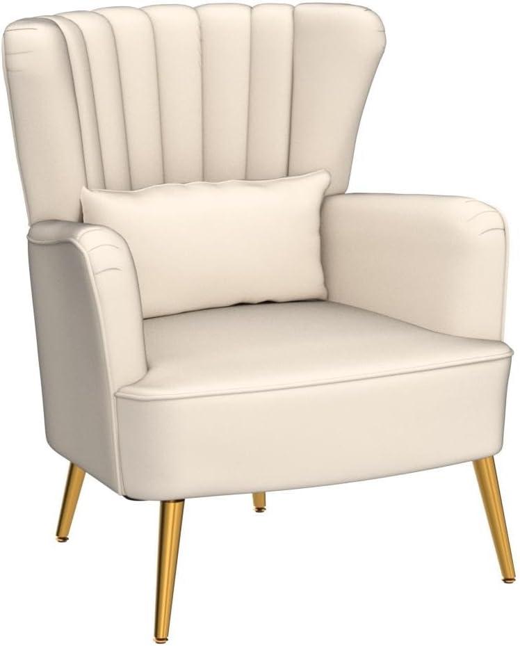 Beige Velvet Wingback Accent Chair with Gold Legs