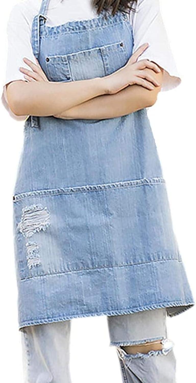 Jowcud Denim Apron With 5 Pockets for Cooking Kitchens,Hairstylist Aprons for Women Men,Adjustable Bib Jean Apron for Arts Gardening Cafes Bars Work C65