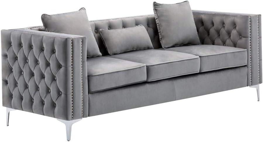 Lorreto 86" Gray Velvet Tufted Sofa with Nailhead Trim